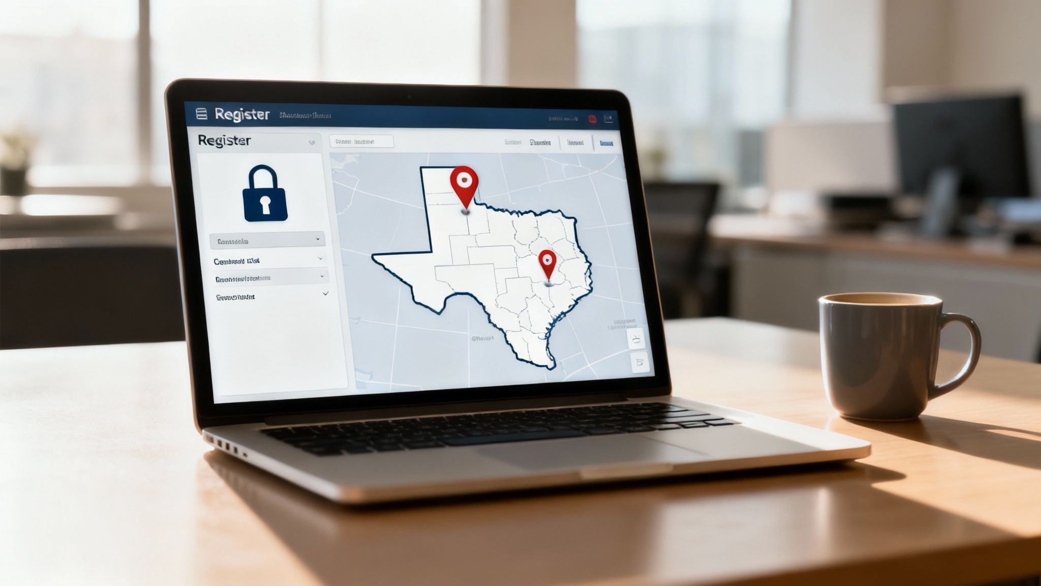 A laptop displaying a map of Texas with two location pins, a lock icon, and a coffee mug on an office desk.