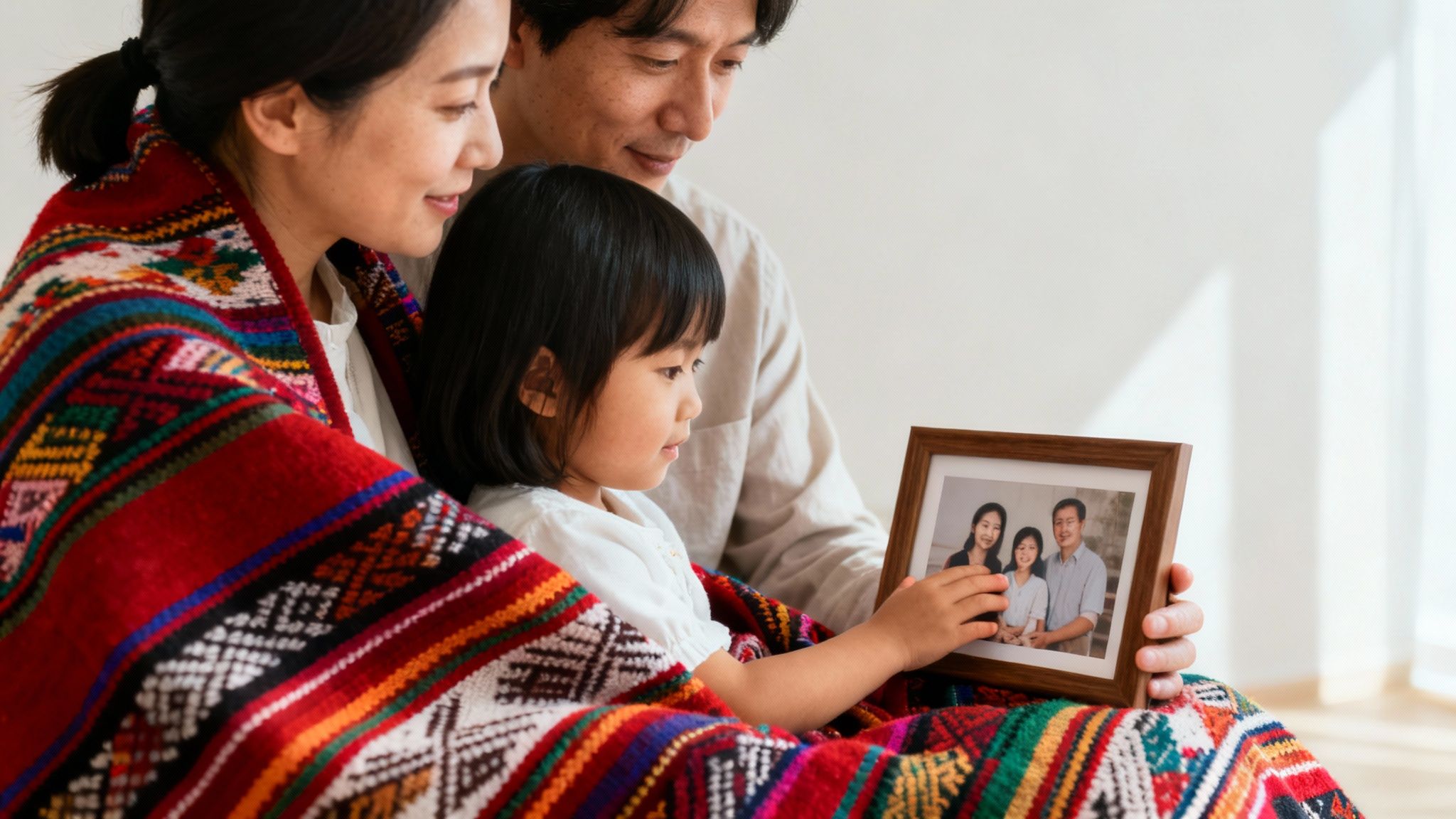 A loving family of three wrapped in a colorful blanket, looking at a framed family photo.