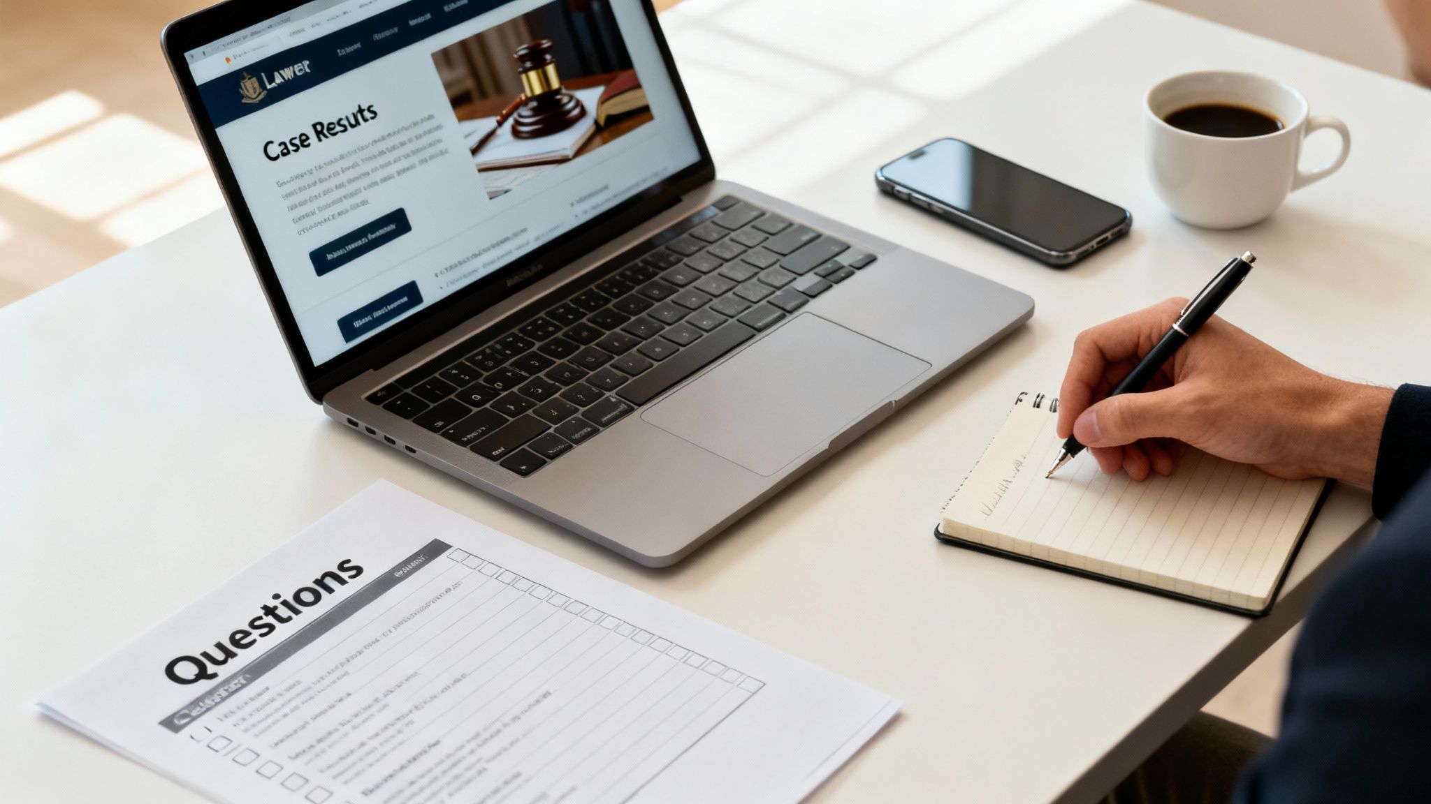A person reviews legal case results on a laptop while taking notes on a notepad.