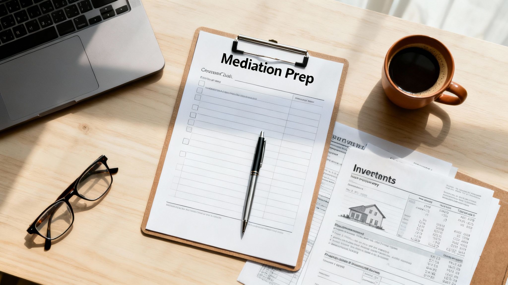 A wooden desk with a 'Mediation Prep' checklist, pen, laptop, coffee cup, and legal documents.