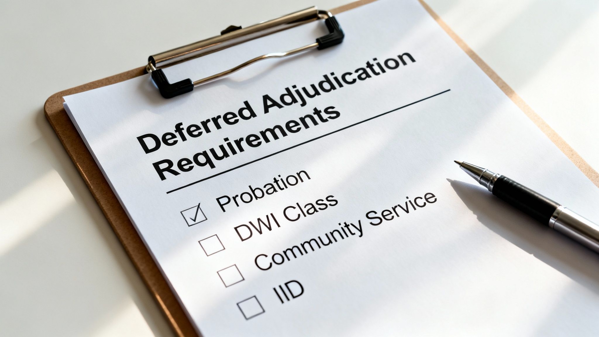 Checklist of deferred adjudication requirements for DWI cases, including probation, DWI class, community service, and IID, on a clipboard with a pen.