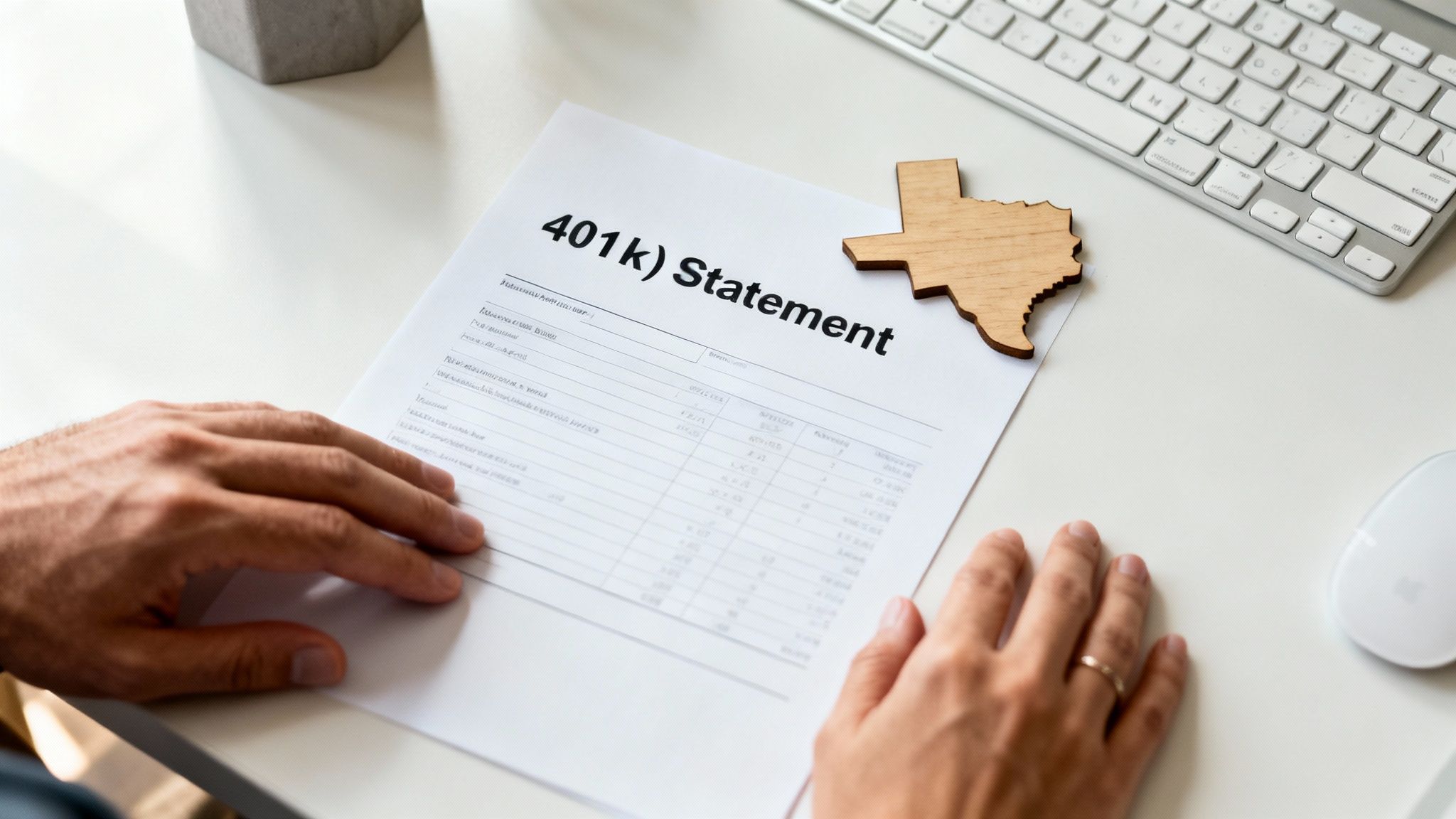 A person's hands rest on a white desk with a 401k statement and a wooden Texas cutout.
