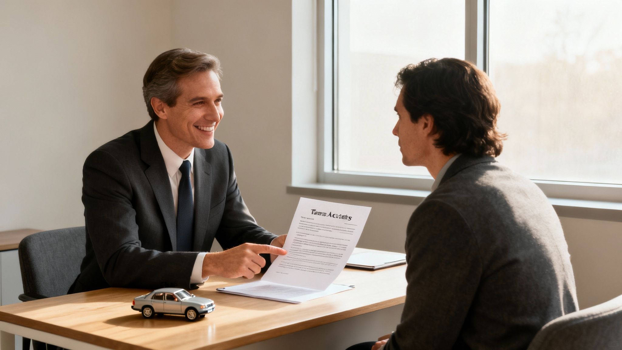 Smiling lawyer discussing car accident compensation documents with a male client in an office.