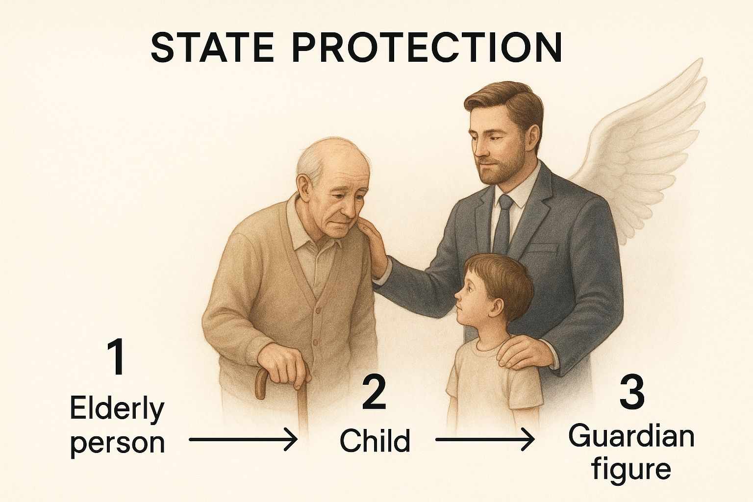 Infographic illustrating state protection, featuring an elderly person, a child, and a guardian figure, symbolizing the legal care provided for vulnerable individuals in Texas.