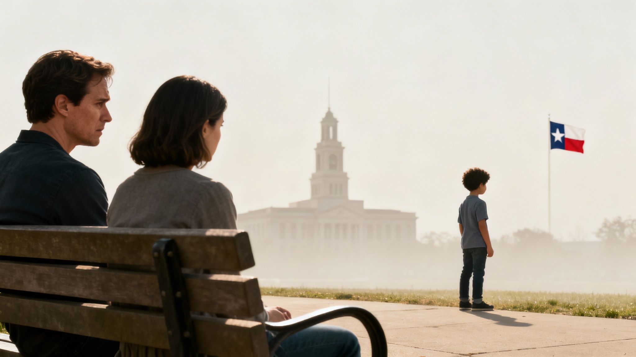 A couple on a bench watches a young boy looking at a Texas flag and distant building.