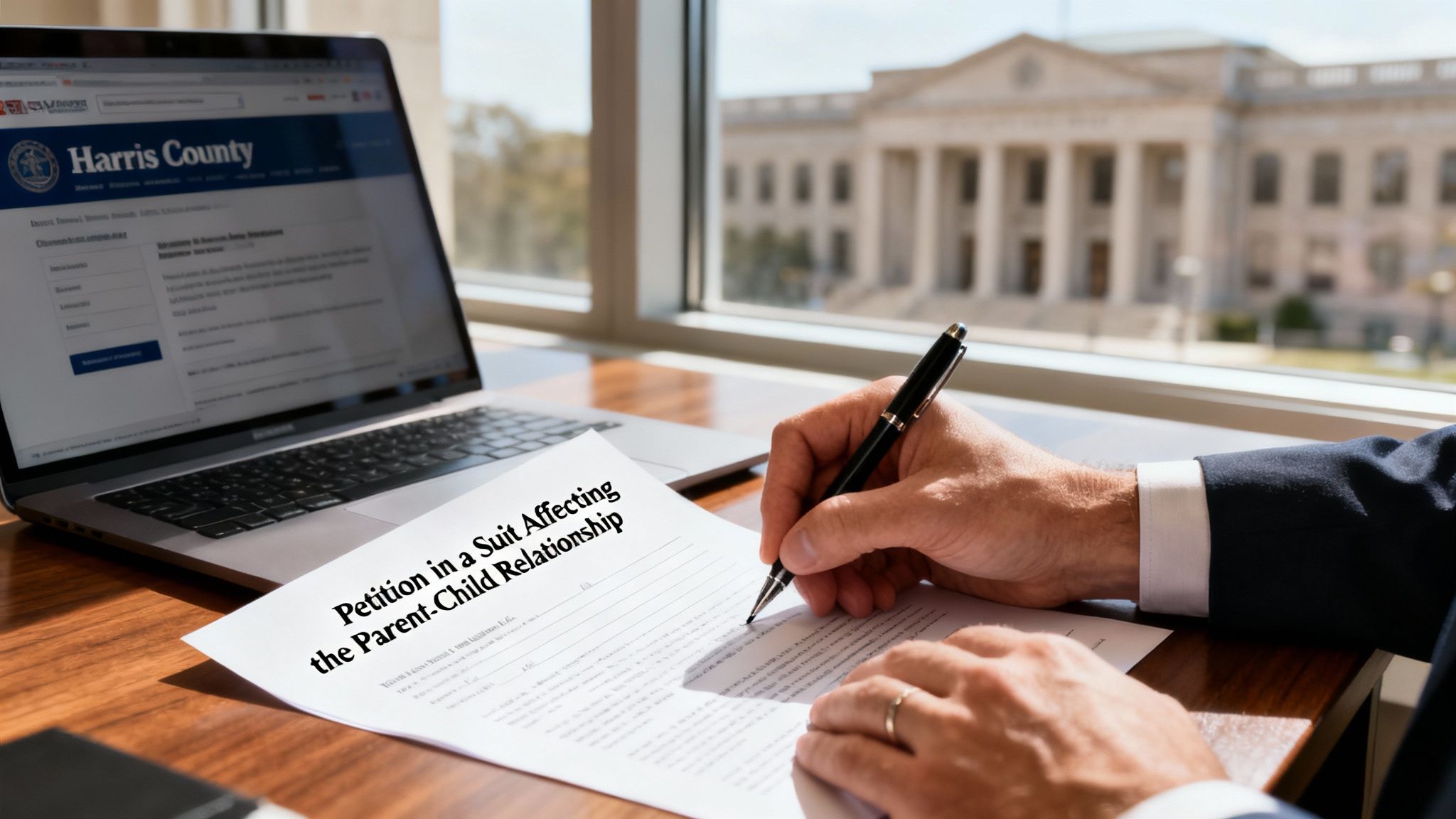 A person signs a petition for a suit affecting parent-child relationship with a Harris County laptop.