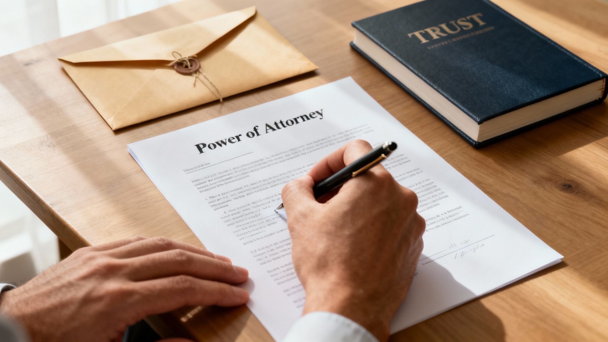 A person signs a 'Power of Attorney' document on a wooden desk, with a sealed envelope and a 'TRUST' book nearby.