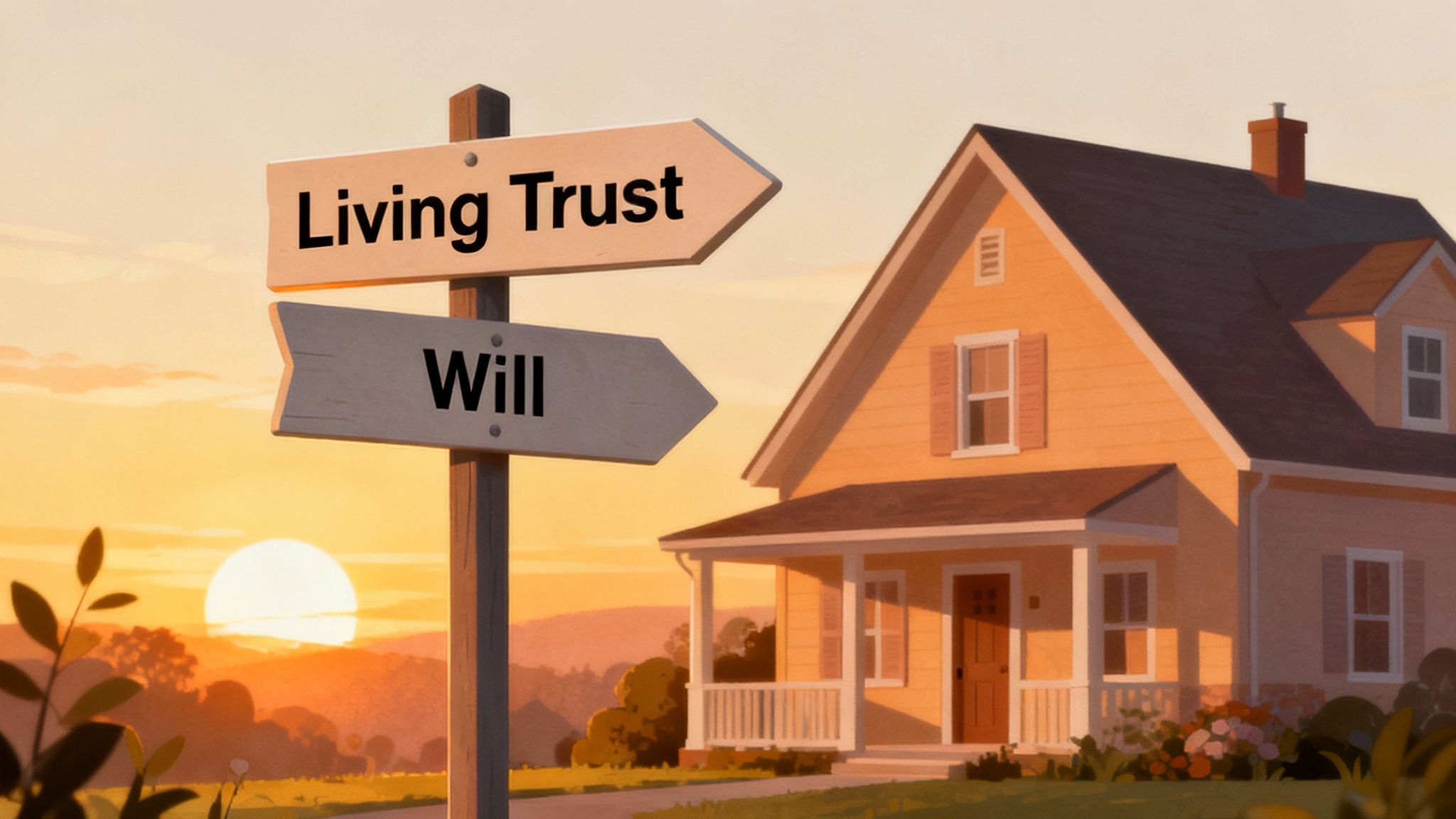 Signpost pointing to "Living Trust" and "Will" in front of a house at sunset, symbolizing estate planning options in Texas.