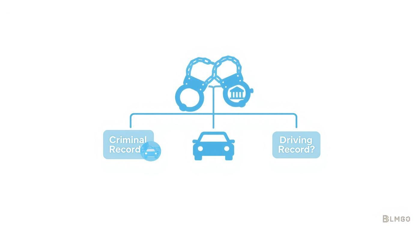 Diagram showing criminal record, driving record, and handcuffs connected to courthouse representing DWI record duration