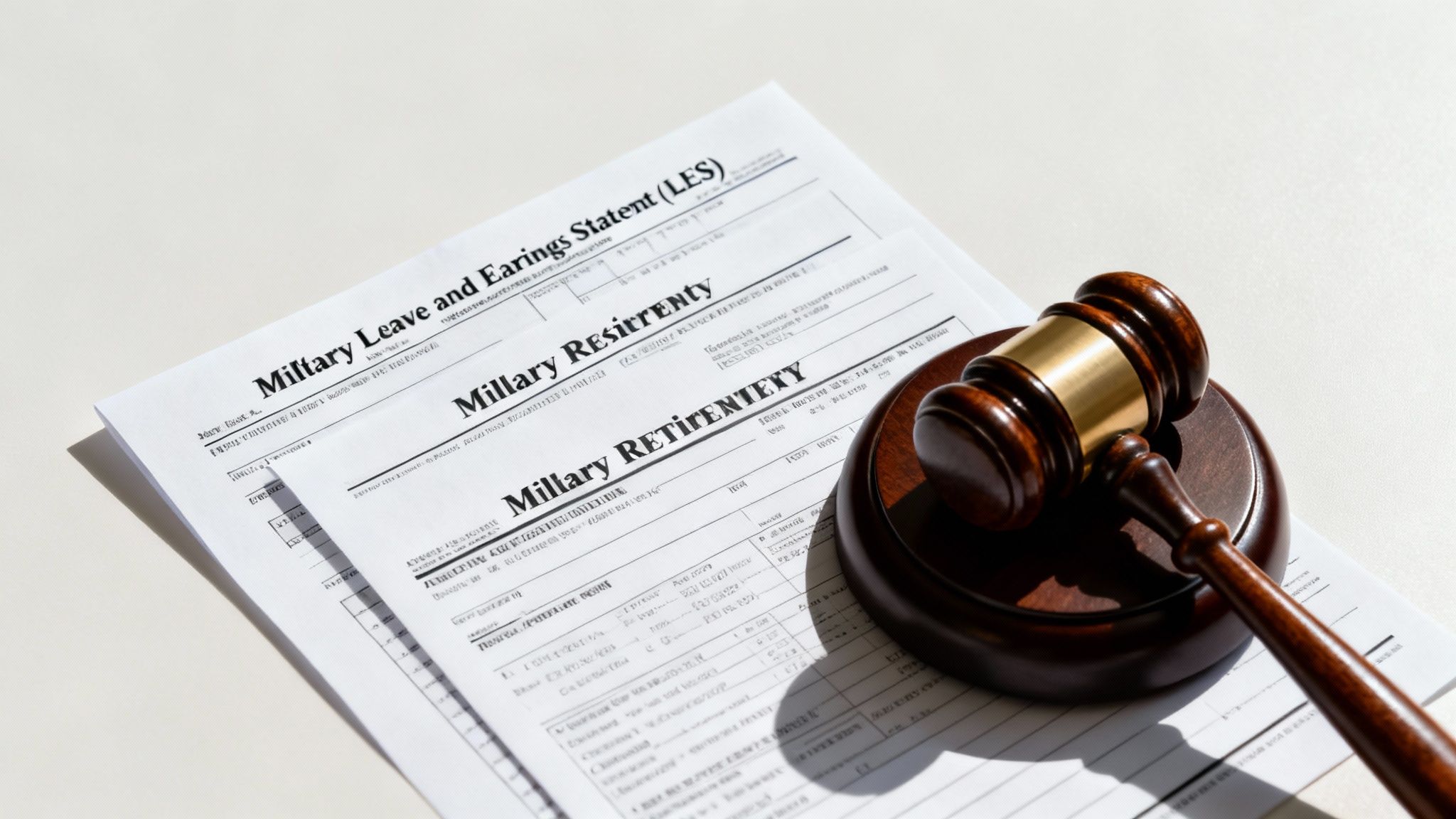 A wooden gavel rests on top of military leave and earnings statements, symbolizing legal proceedings.