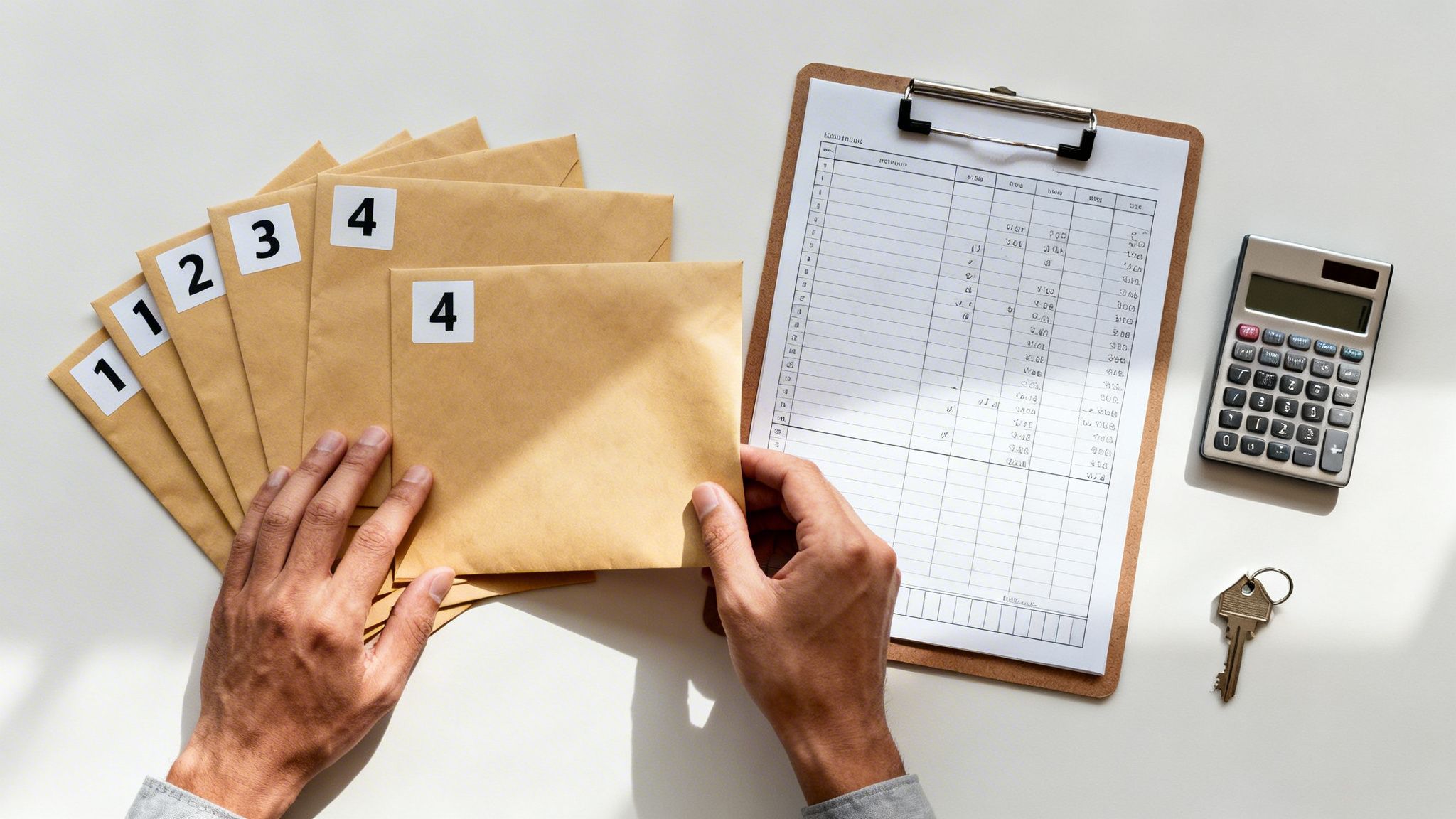 Hands sorting numbered envelopes on a desk with a clipboard, calculator, and key, suggesting financial organization.