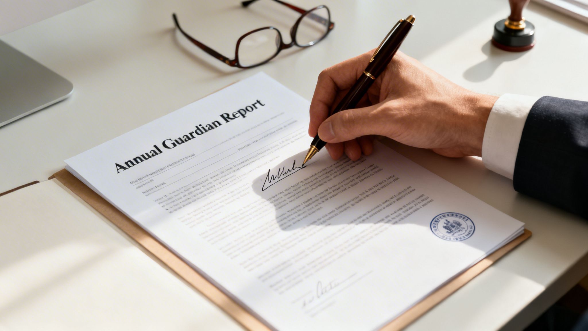 A professional in a suit signs an 'Annual Guardian Report' document with a fountain pen on a desk.