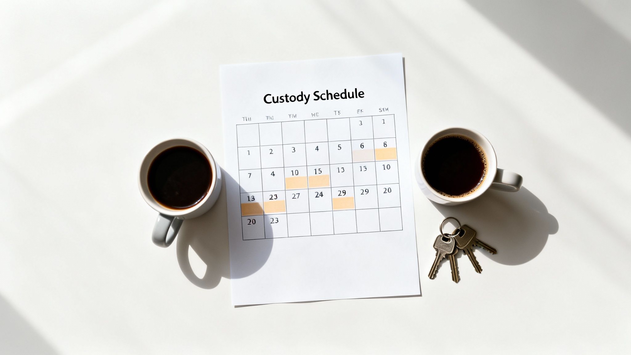 Custody schedule calendar with highlighted dates, two coffee cups, and a set of keys, representing child custody planning for unmarried parents in Texas.