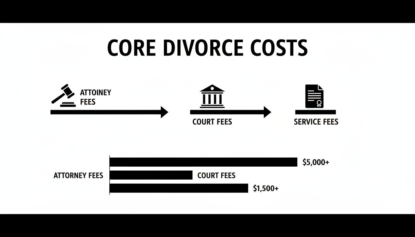 Diagram illustrating core divorce costs: attorney fees ($5,000+), court fees ($1,500+), and service fees.