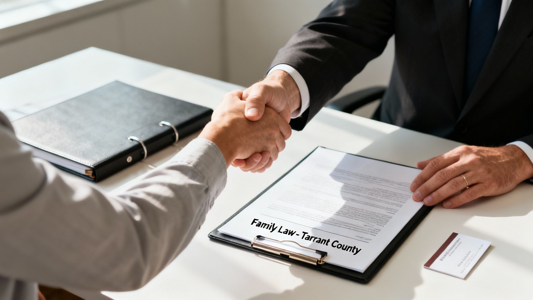 Abogado de divorcio revisando documentos legales con un cliente en una oficina en Arlington, TX