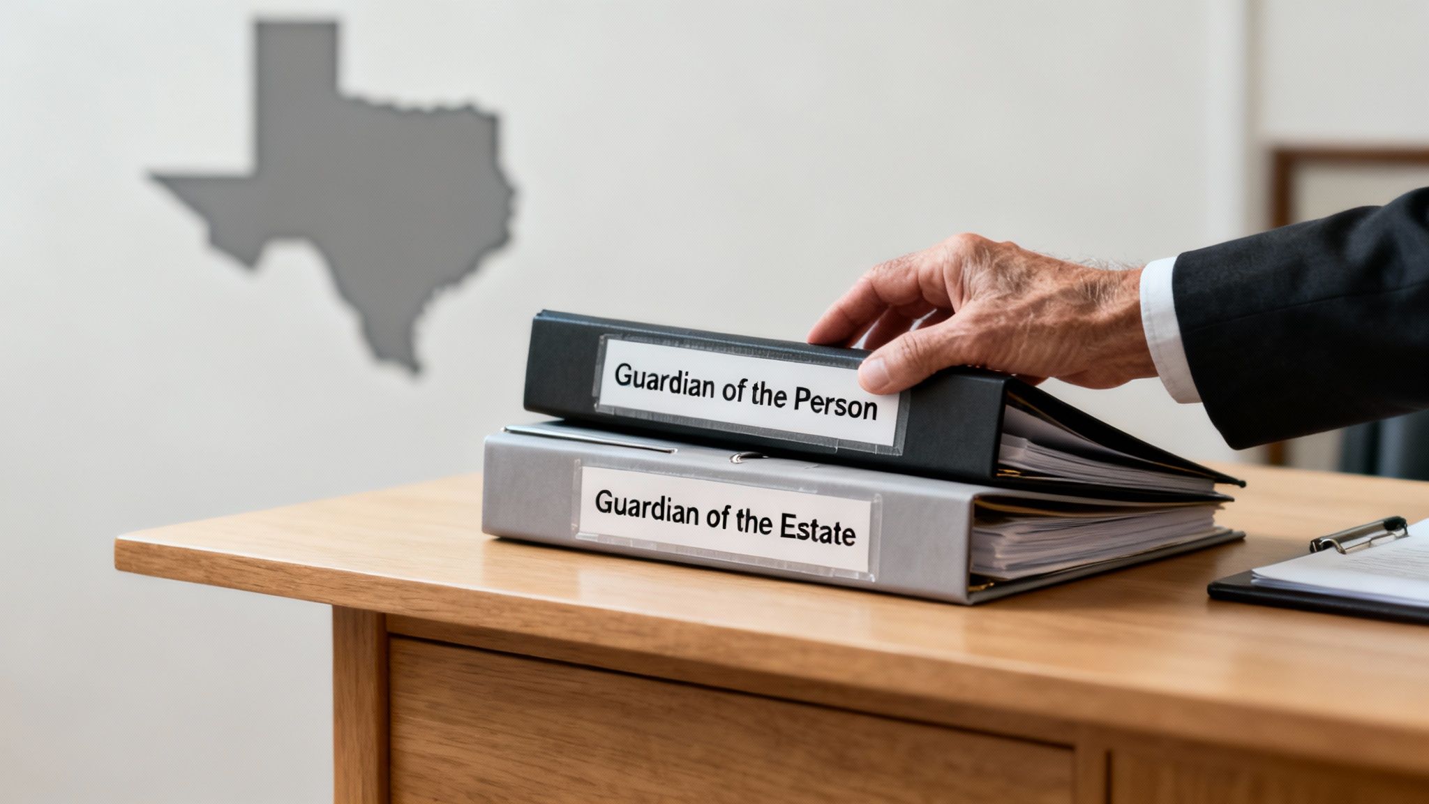 Hand placing a binder labeled "Guardian of the Person" on top of another binder labeled "Guardian of the Estate," with a silhouette of Texas in the background, symbolizing guardianship roles in Texas law.