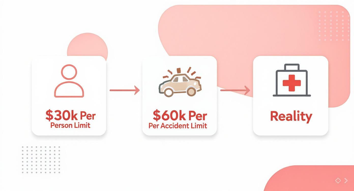Diagram showing bodily injury liability insurance limits: $30k per person, $60k per accident, leading to medical reality.