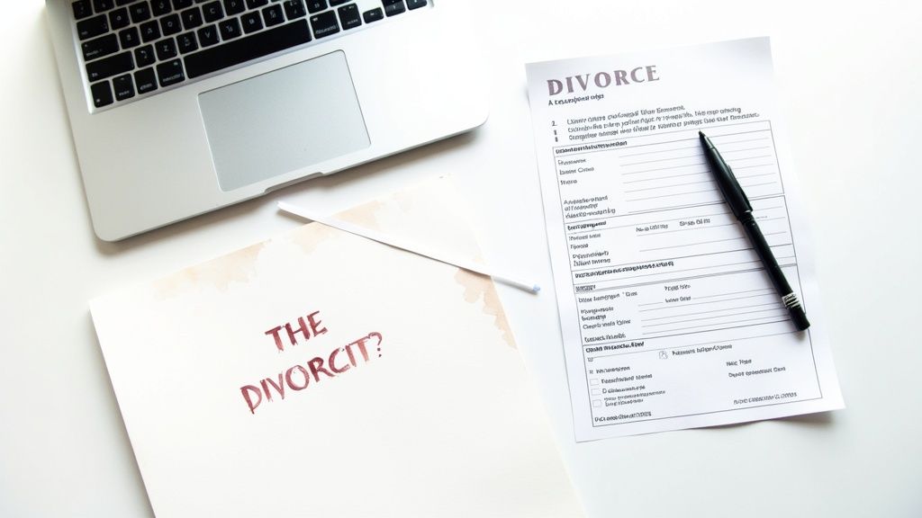 Divorce paperwork and laptop on desk, featuring the word "DIVORCE" in bold, emphasizing the divorce filing process in Texas.