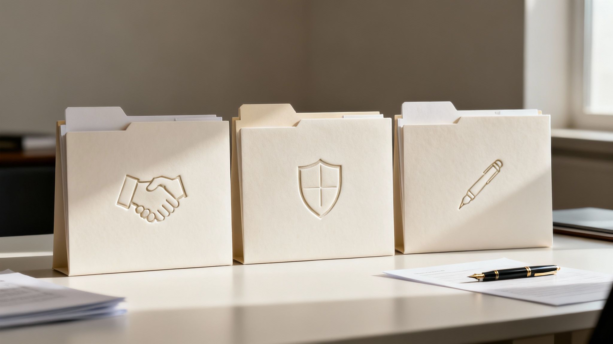 Three file folders with icons for handshake, shield, and pen, representing legal and business documents.