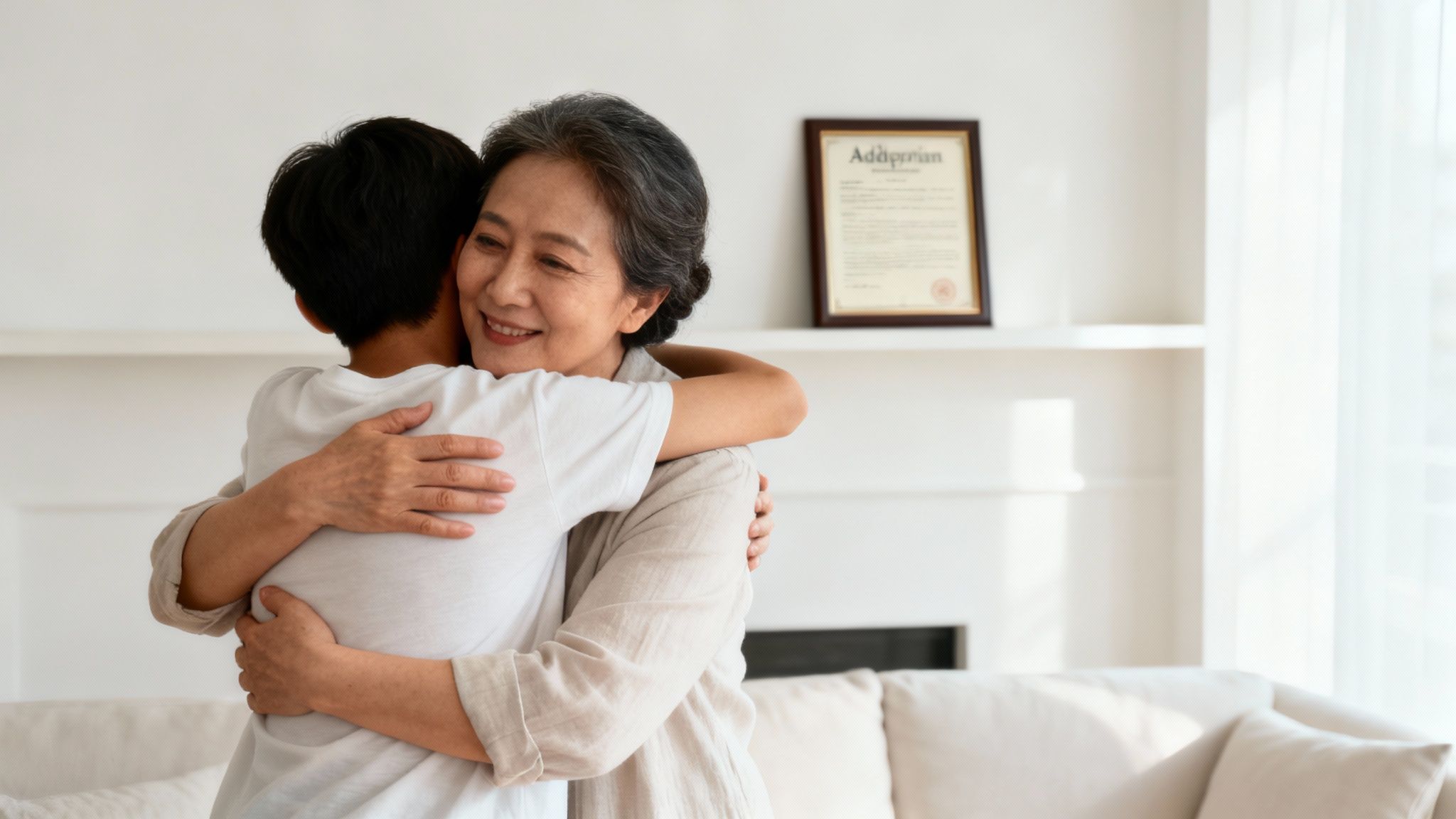 A smiling older Asian woman embraces a young boy, showing warmth and connection in a home setting.
