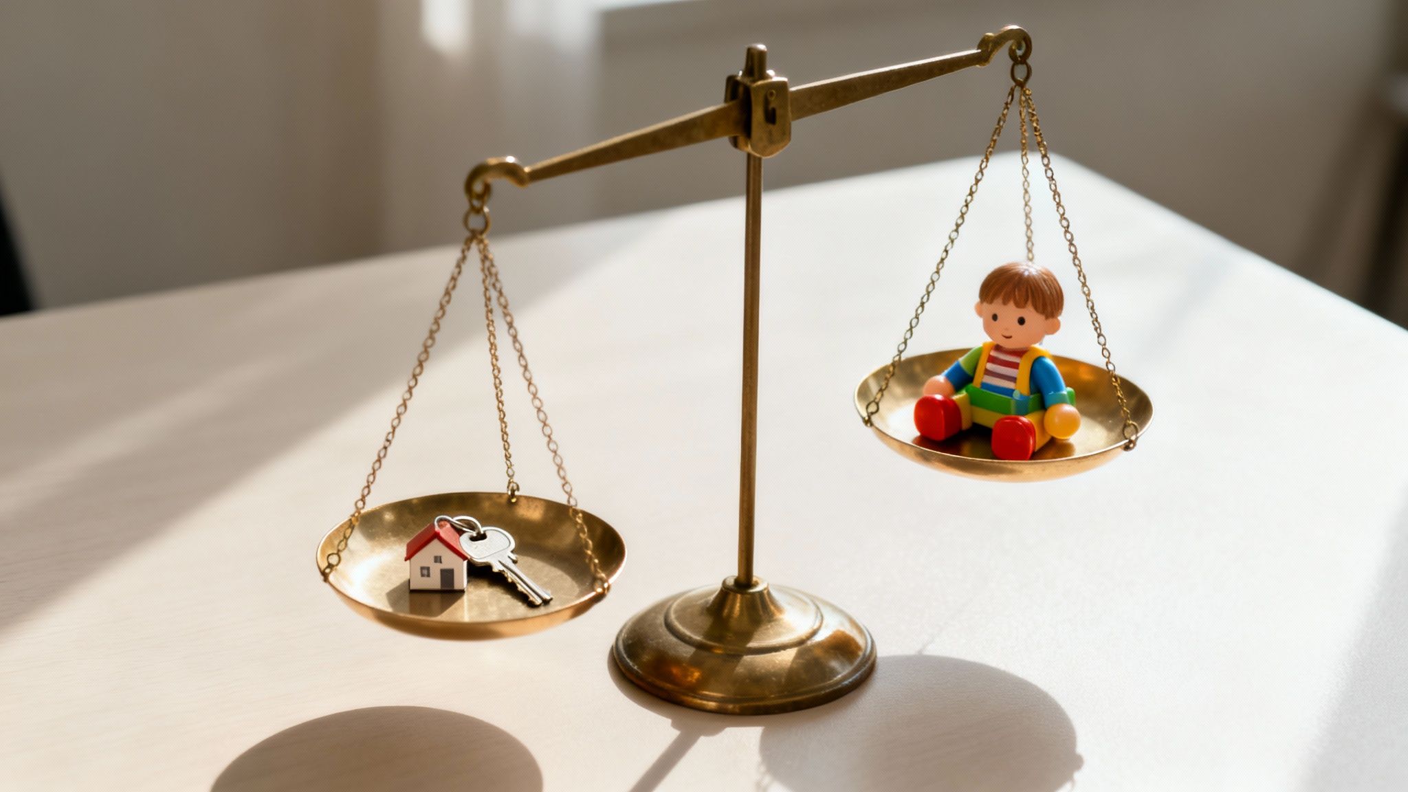 A brass scale balancing a house and key with a colorful child doll, symbolizing family and home.