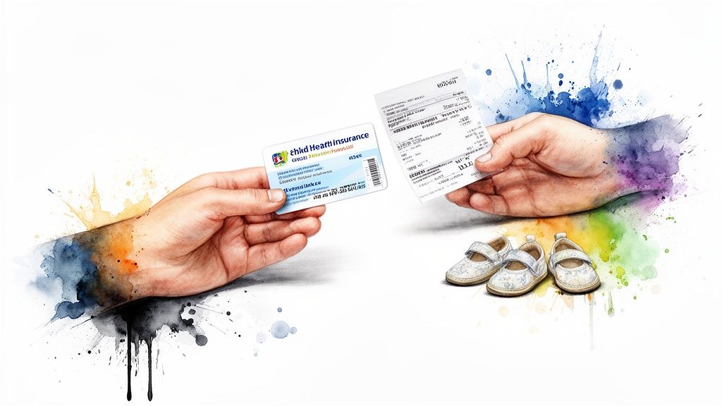 Hands exchanging a health insurance card and receipt, with baby shoes nearby, symbolizing family finances.