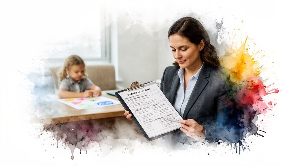 Professional woman reviewing custody evaluation report with child drawing in background, highlighting parental alienation assessment in a family law context.
