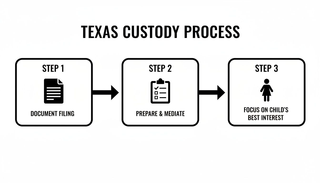 Flowchart detailing the three steps of the Texas custody process for child's best interest.