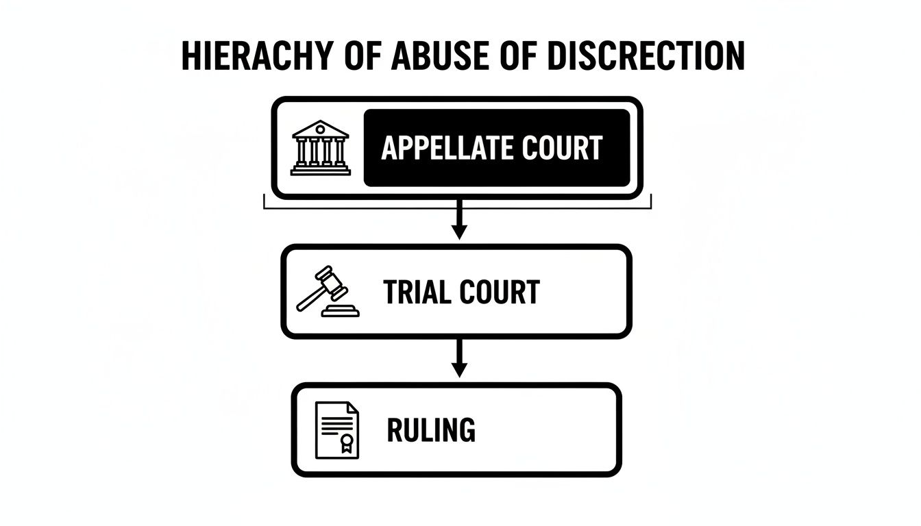A diagram illustrating the hierarchy of abuse of discretion, showing appellate court, trial court, and ruling.