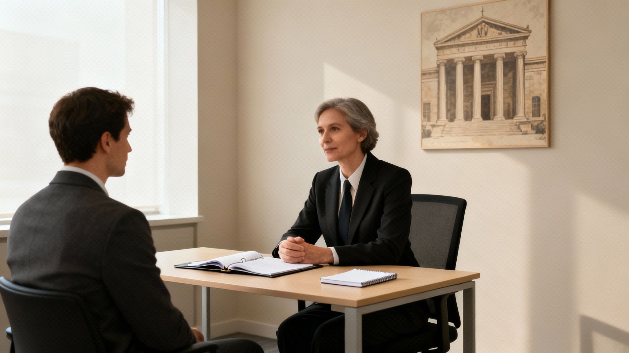 Two professionals, a man and a woman, are seated at a desk during a business meeting or interview.