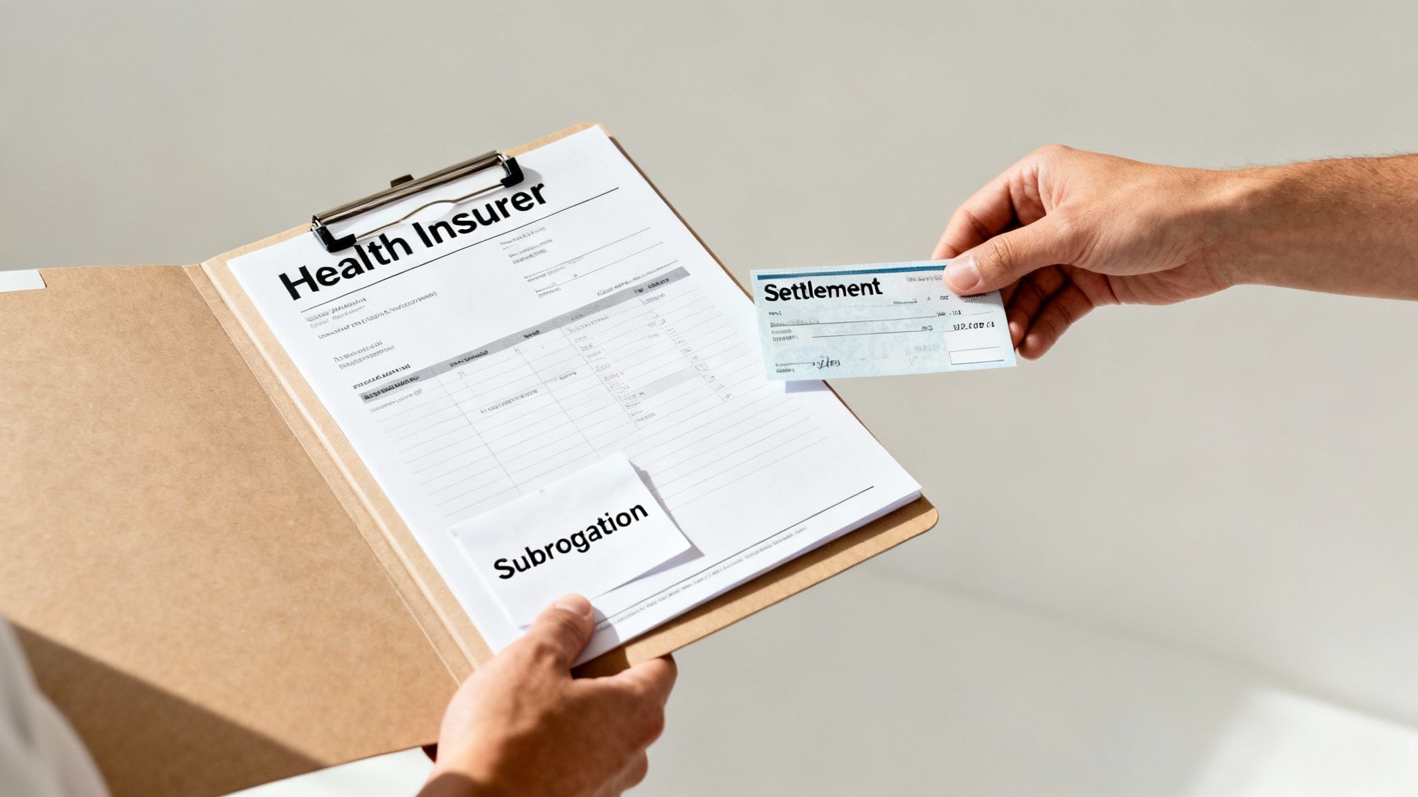 A person reviews a health insurance form with a 'Subrogation' note while receiving a settlement check.