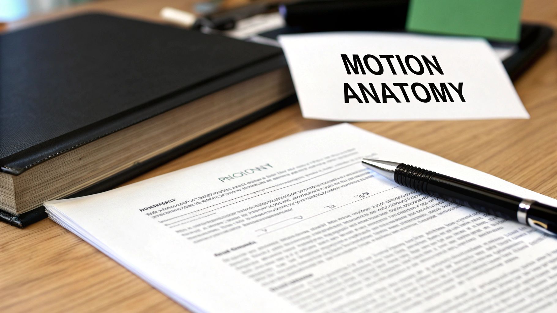 A desk with a black book, a document, a pen, and a note saying "MOTION ANATOMY".