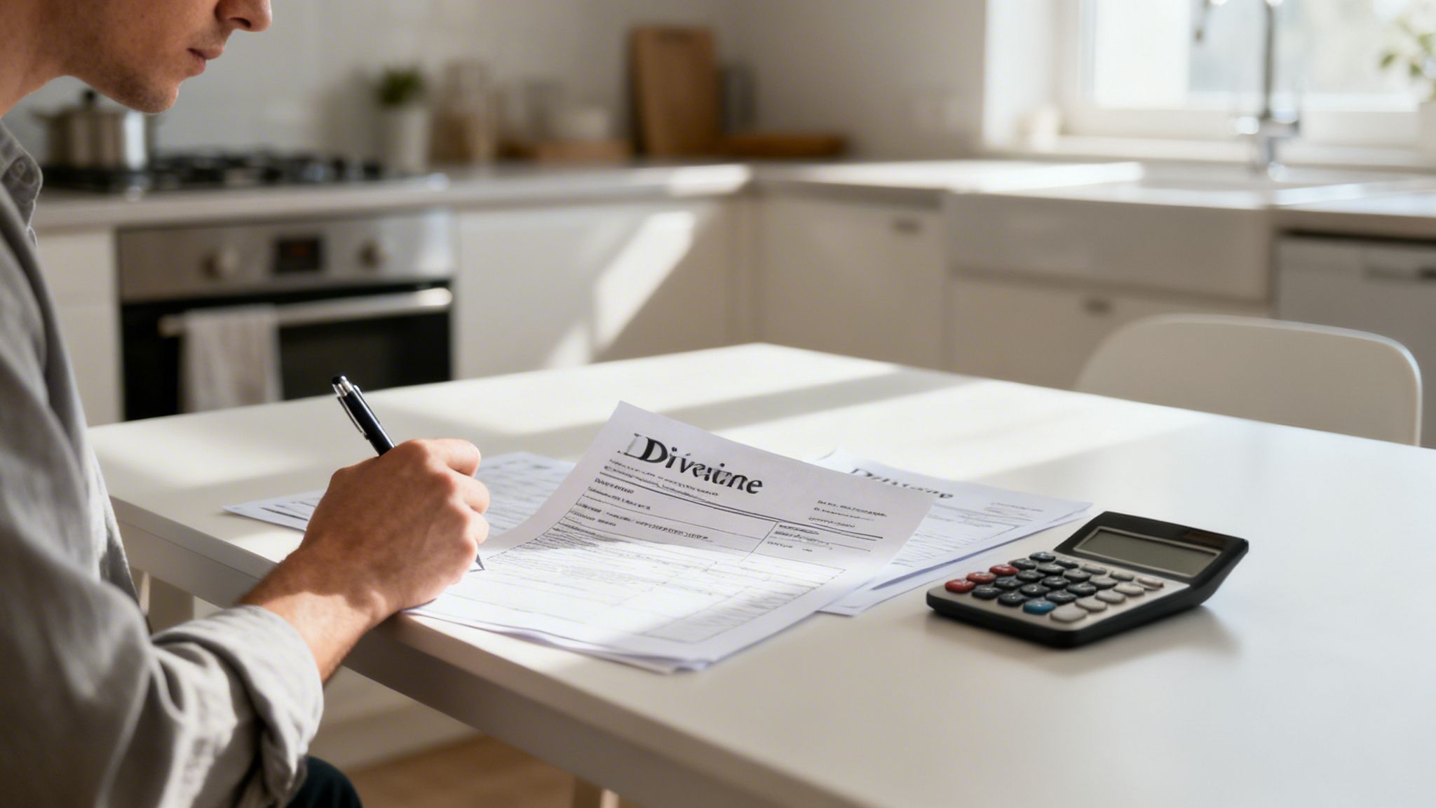 Un hombre llenando formularios de divorcio y calculando cifras en una cocina moderna.