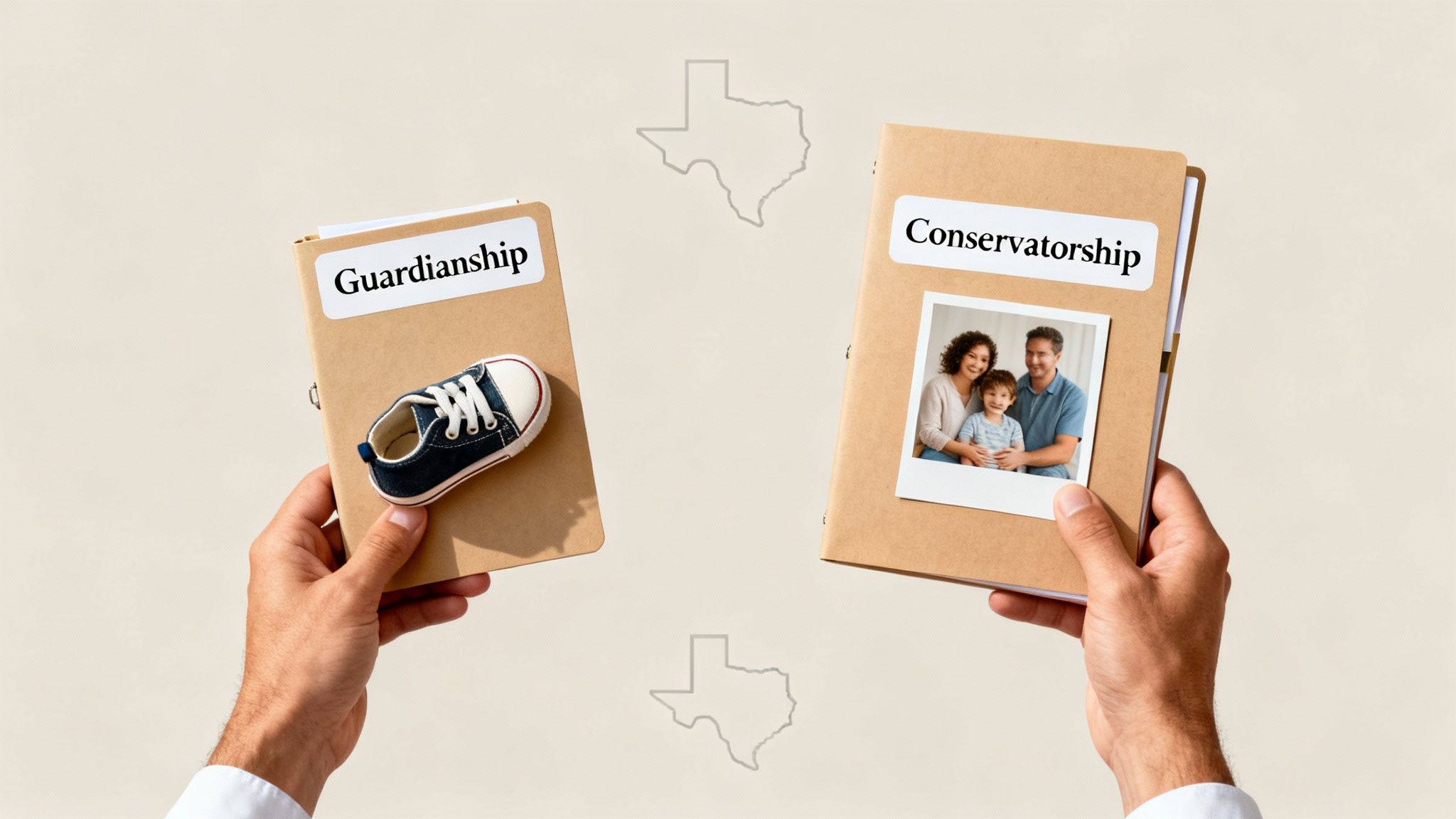 Hands hold folders labeled 'Guardianship' (with a baby shoe) and 'Conservatorship' (with a family photo) over Texas outlines.