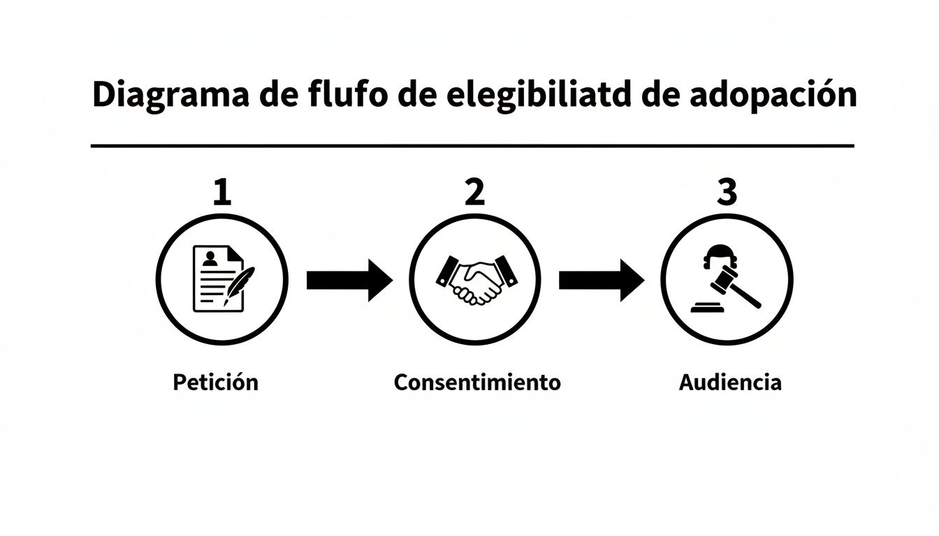 Diagrama de flujo que ilustra los tres pasos de la elegibilidad para la adopción: Petición, Consentimiento y Audiencia.