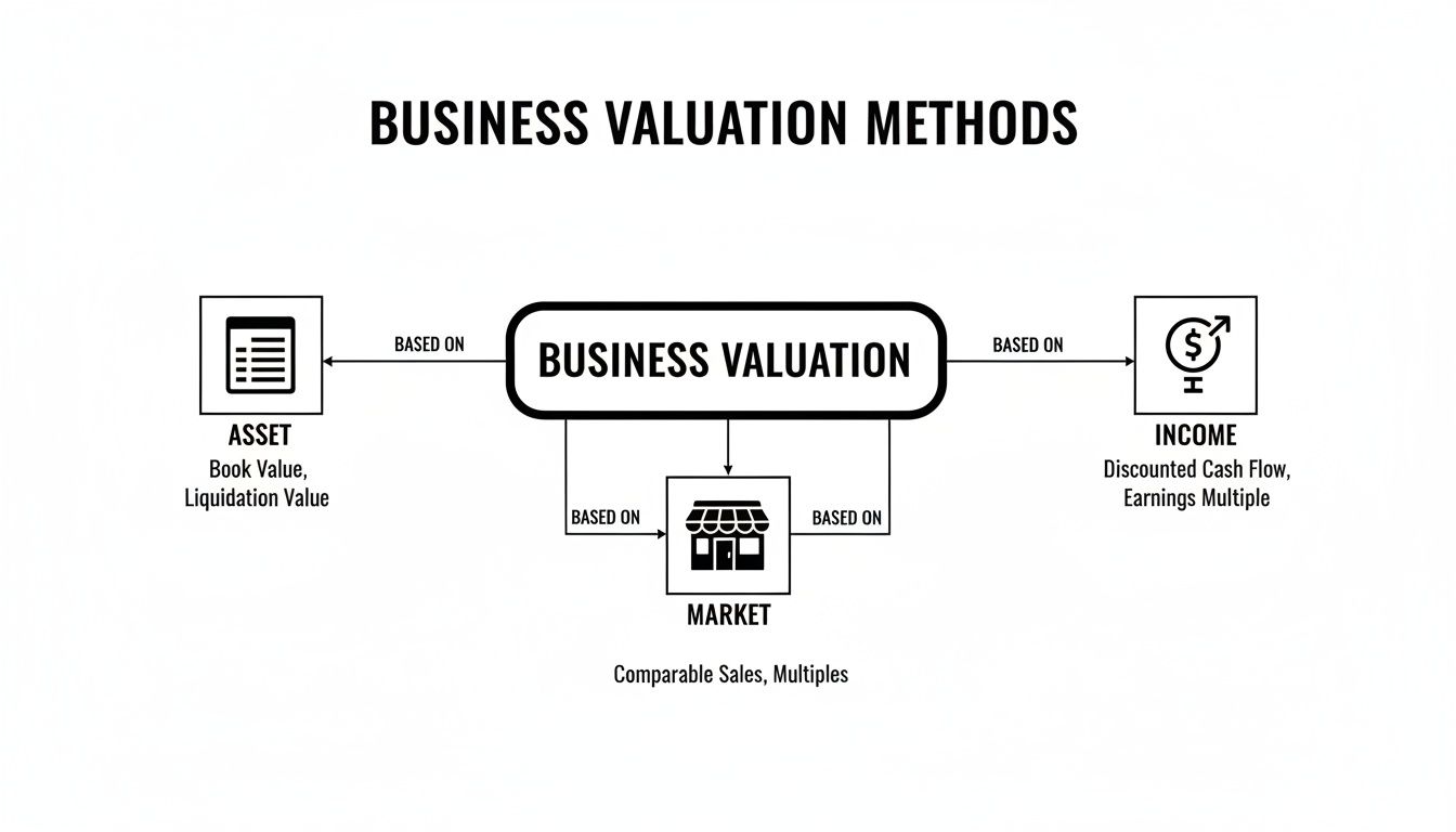 A diagram illustrating business valuation methods including asset, income, and market approaches with examples.
