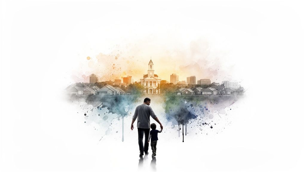 Father and son walking hand in hand towards a city skyline and courthouse, symbolizing family and custody modifications in Texas.