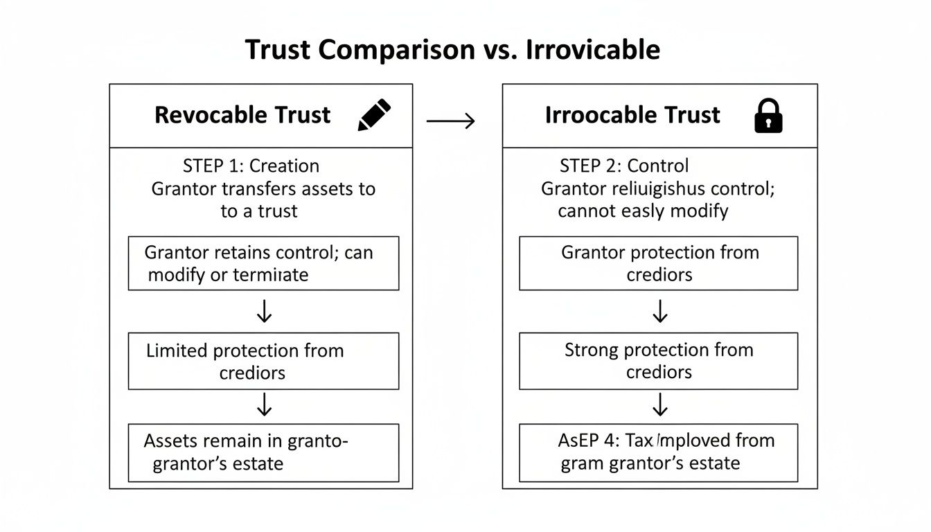 Flowchart comparing revocable and irrevocable trusts, detailing control, creditor protection, and estate implications.