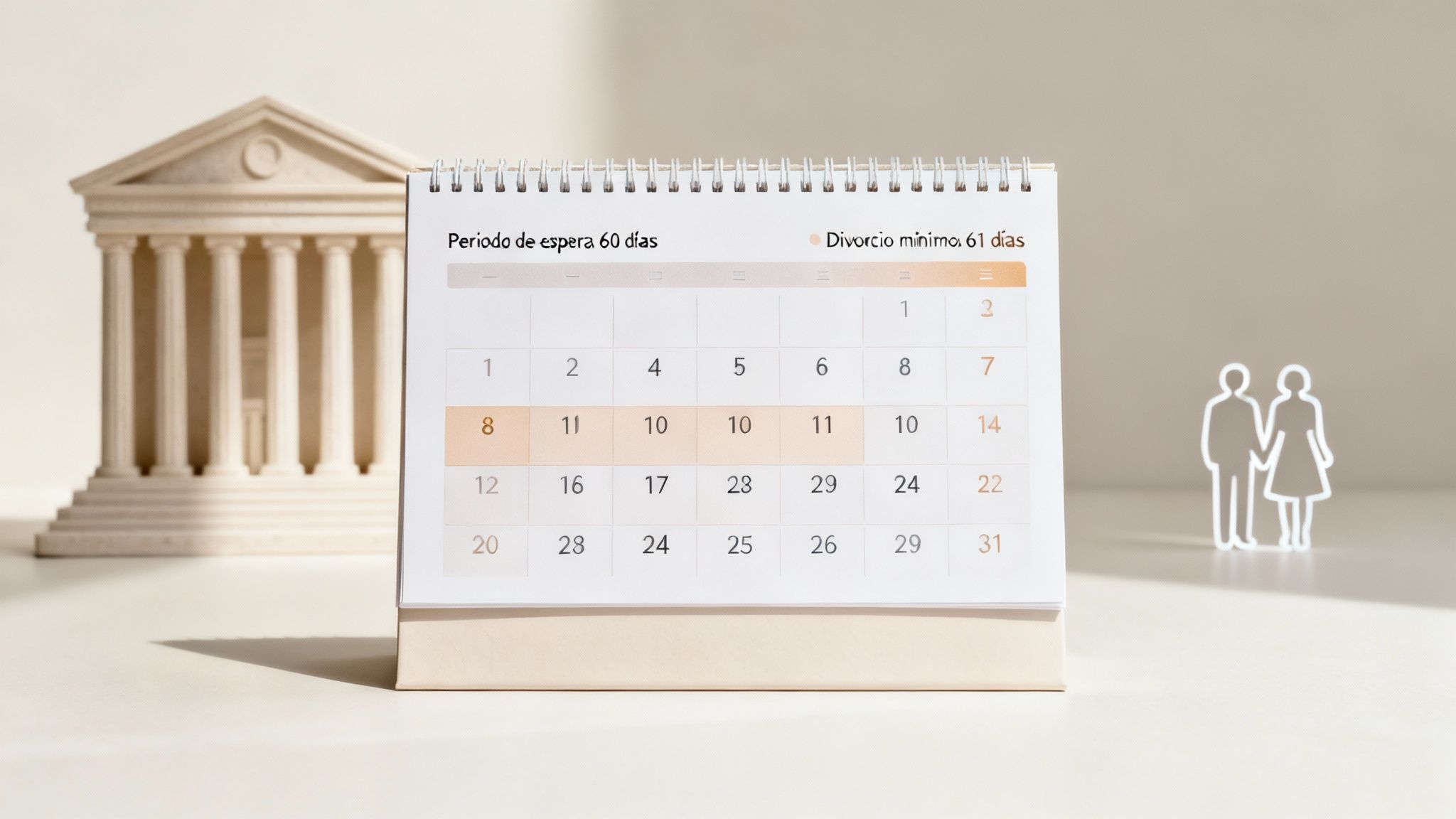 Calendario que muestra los plazos de espera para un divorcio, con un juzgado y una pareja de papel.