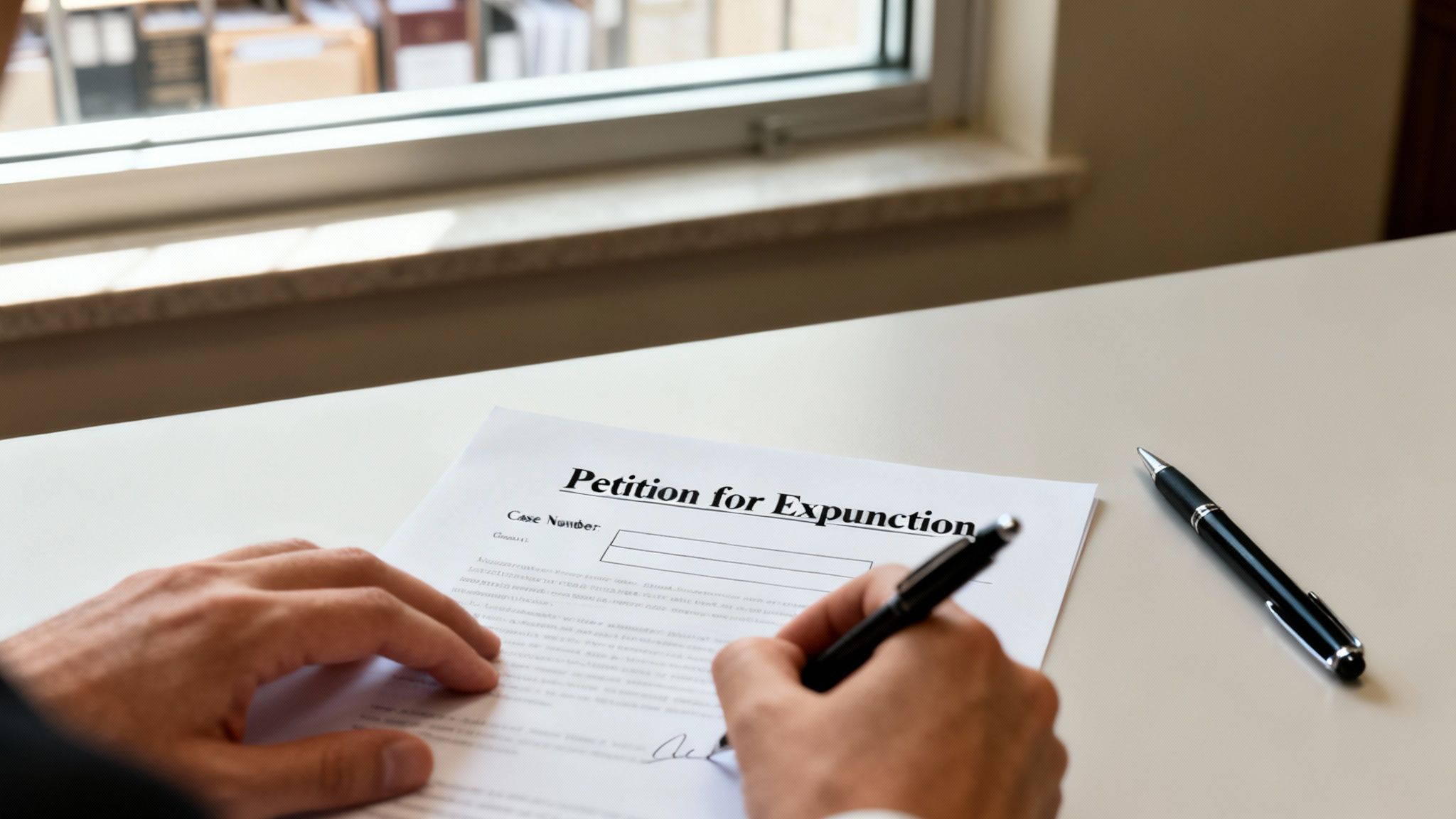 A person's hands signing a 'Petition for Expunction' document with a pen on a white desk.