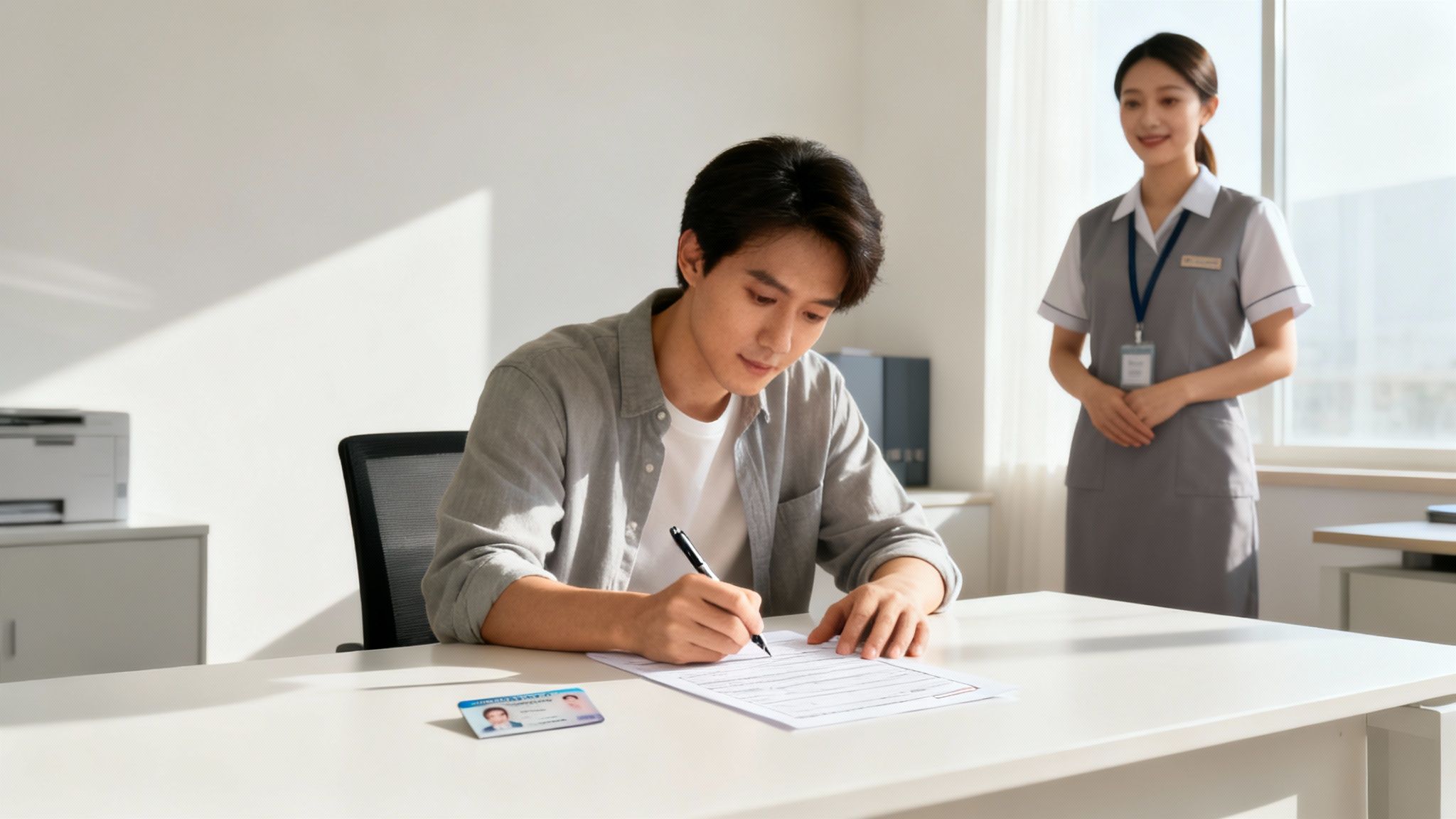 A parent carefully filling out a legal document with a pen.