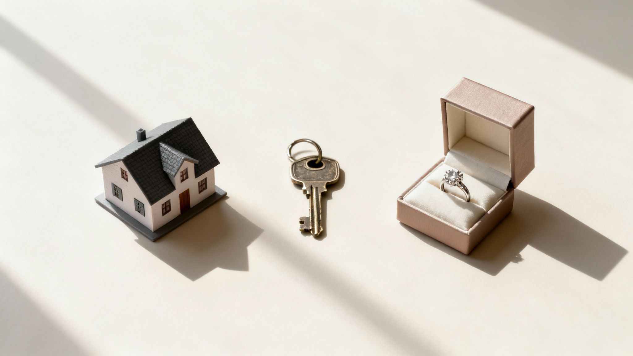A collection of valuable assets including a classic car, fine art, and jewelry arranged together, representing diverse property types in a divorce.