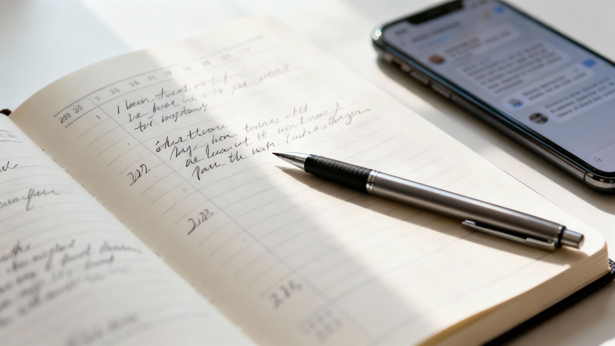 A person carefully organizing documents and notes in a binder, representing the methodical process of gathering evidence for a custody case.