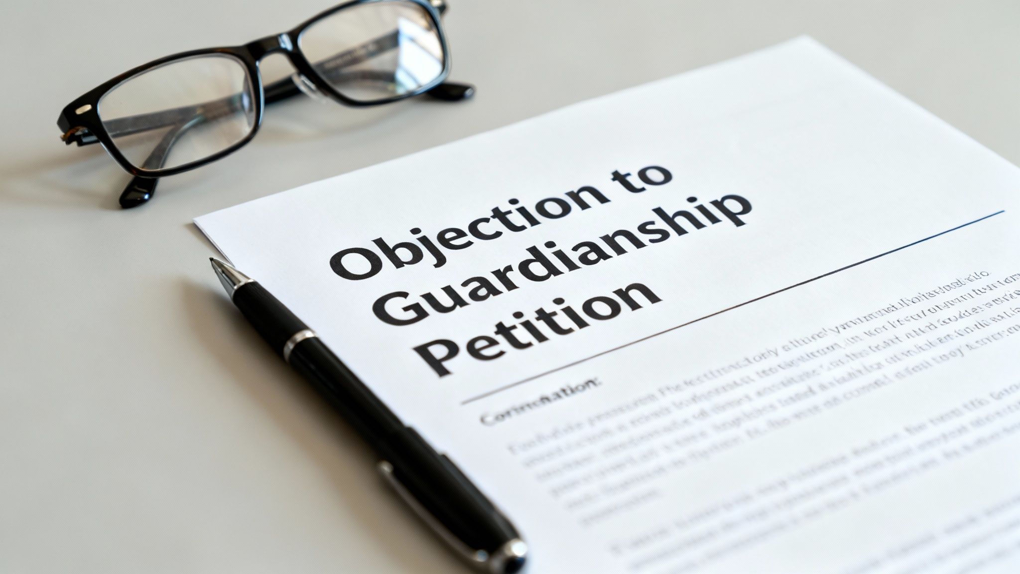 A document titled 'Objection to Guardianship Petition' lies on a desk with reading glasses and a pen.