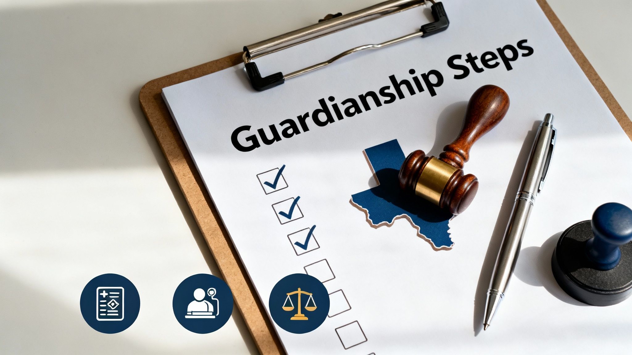 A legal document being signed with a pen, representing the formal guardianship process.