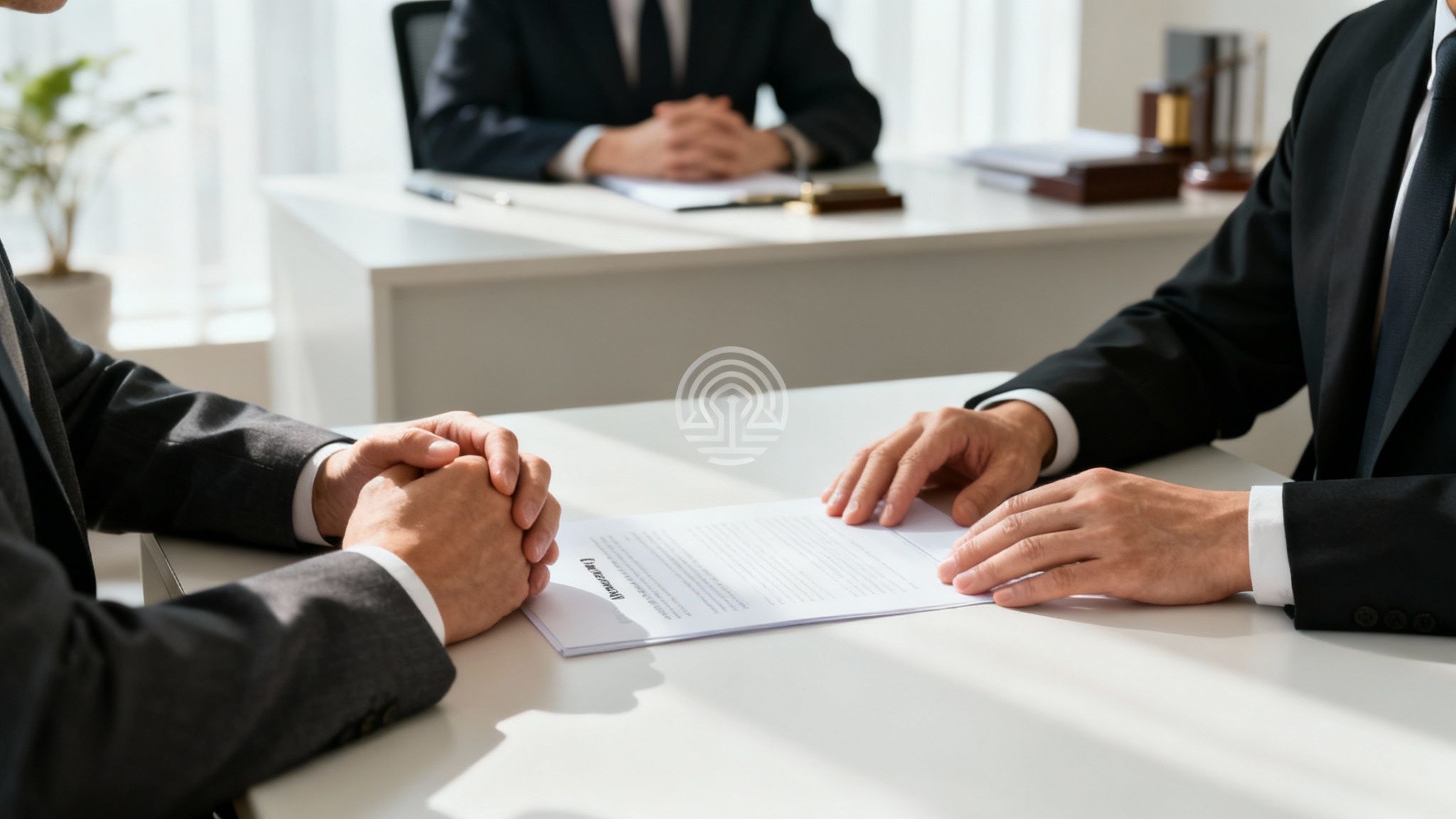 Un abogado revisando documentos importantes con su cliente en un entorno de oficina tranquilo.