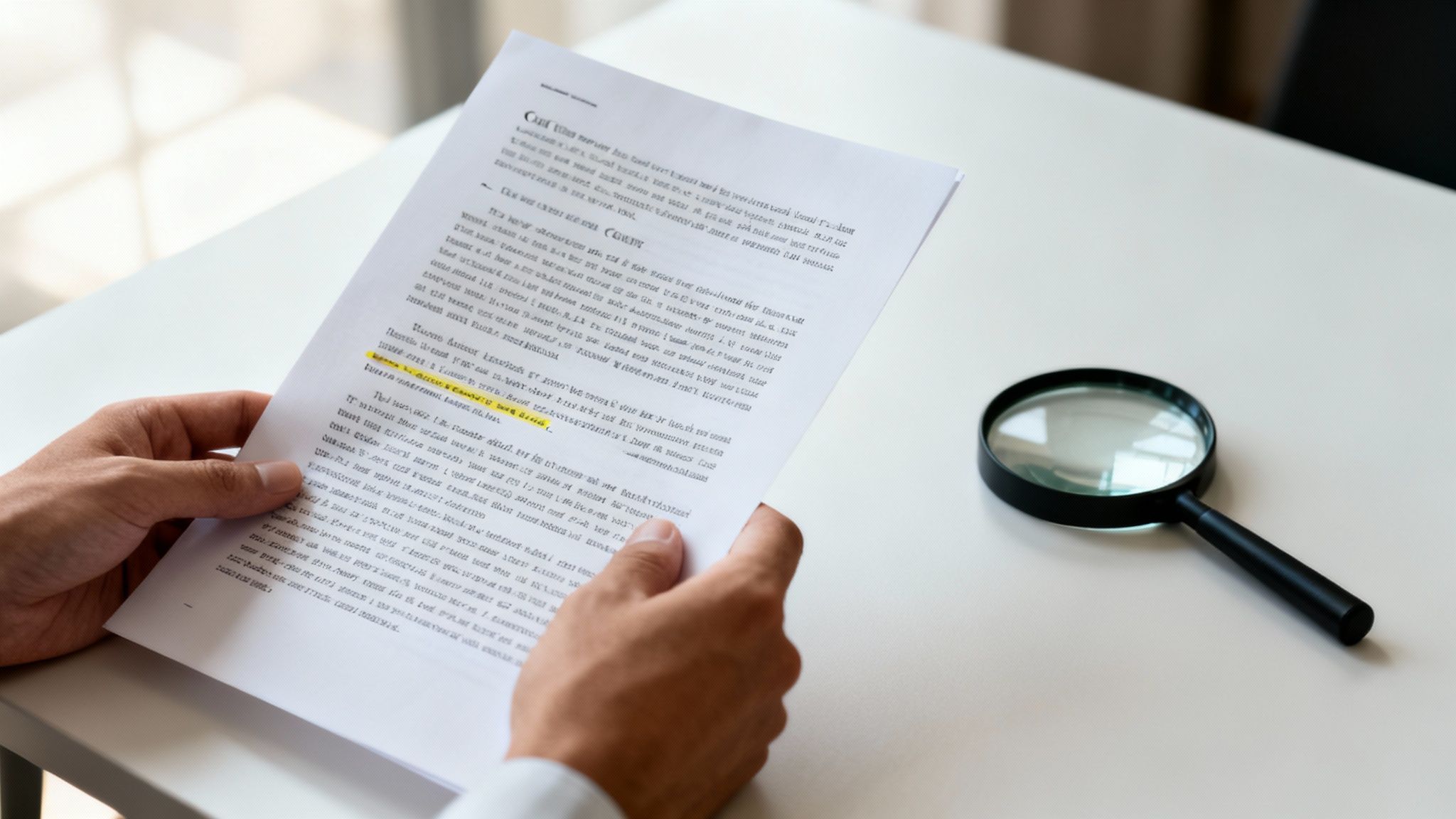 Close-up of a person's hands holding and reviewing a document with a magnifying glass on a white desk.