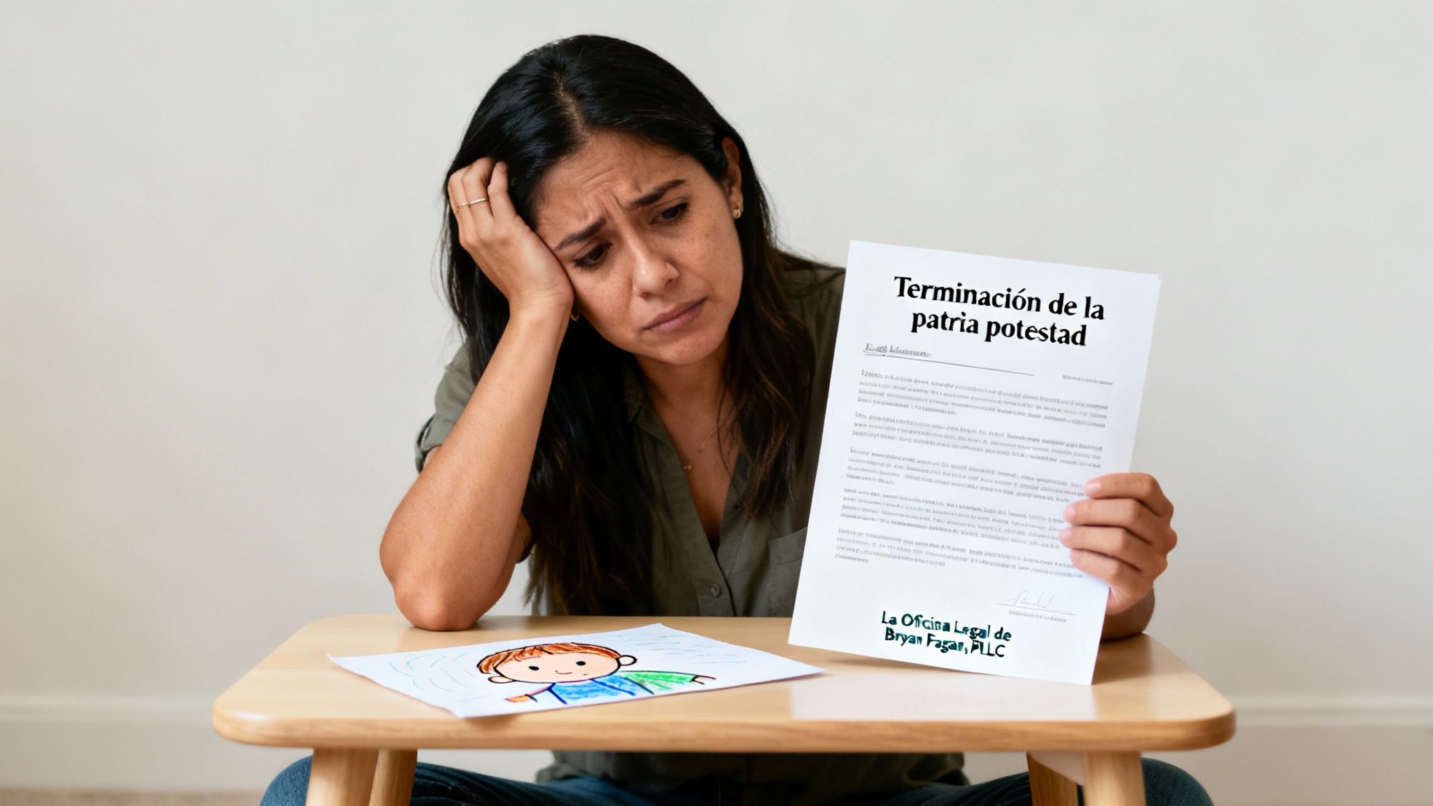 Una mujer afligida mira un documento sobre la terminación de la patria potestad, junto a un dibujo infantil.