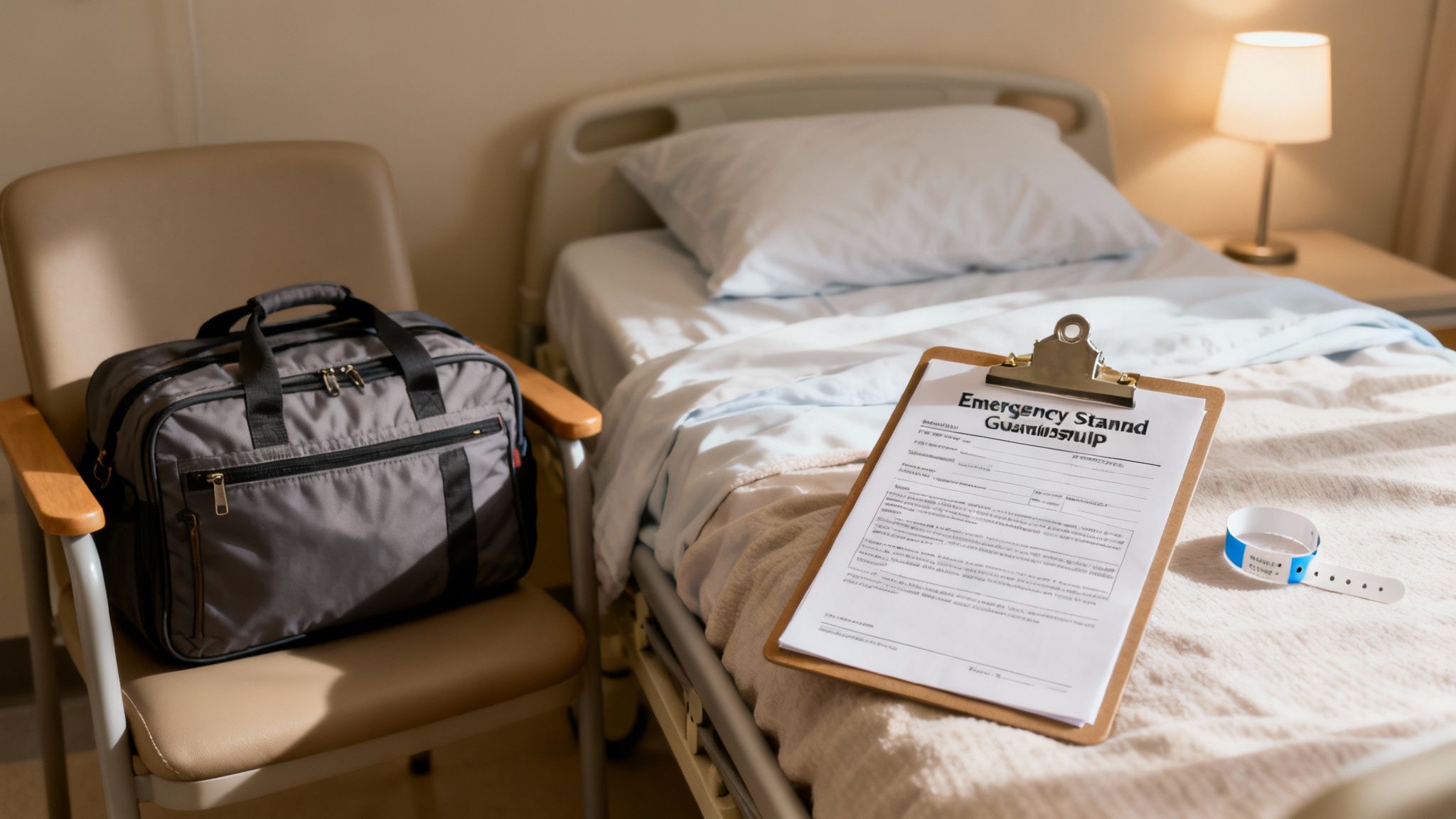 A hospital room with an empty bed, a grey bag on a chair, and an emergency stand form with a wristband on the bed.
