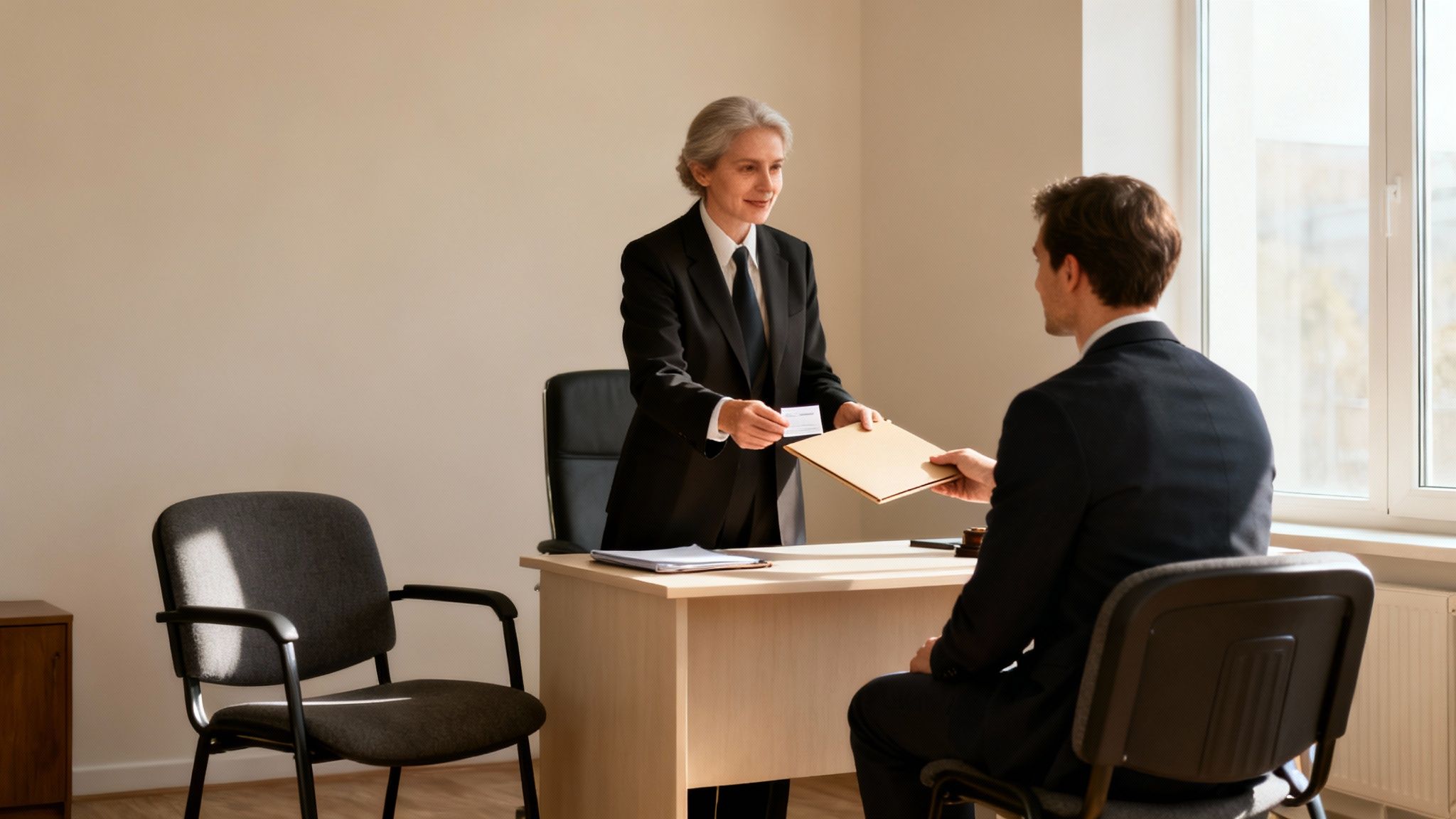 A female lawyer in a suit hands a business card and folder to a male client at an office desk.